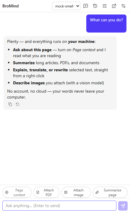 The BroMind side panel: a chat with a local model about the current page.